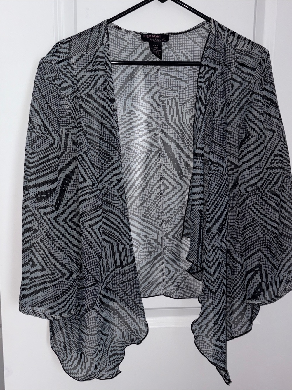 Robbie Bee Black & Gray Geometric Light Weight Open-Front Cardigan 14W